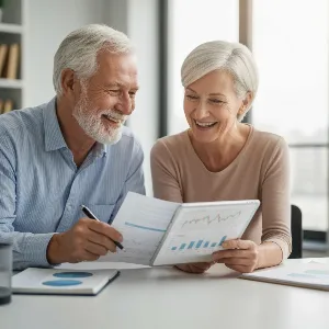 Senior couple reviewing financial documents with a tablet, symbolizing smart investment planning
